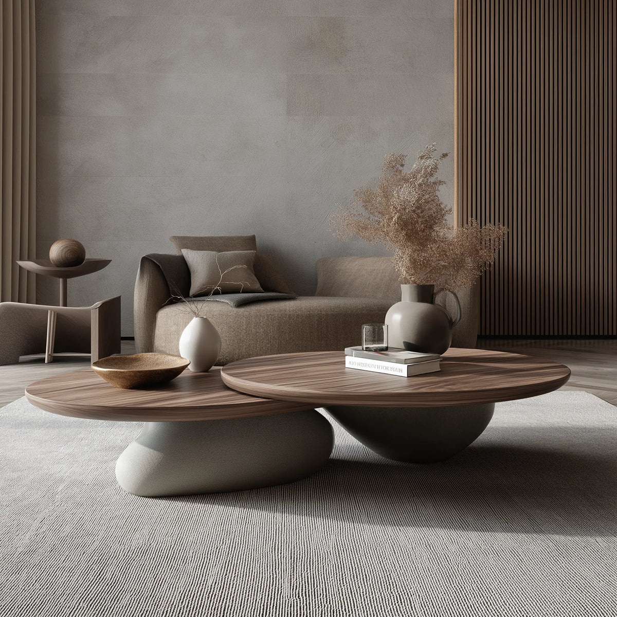 DOPPEL HOLZ center table: two overlapping round walnut-tone wood tops at different heights on two rounded grey bases, one pale and one darker, in a living room