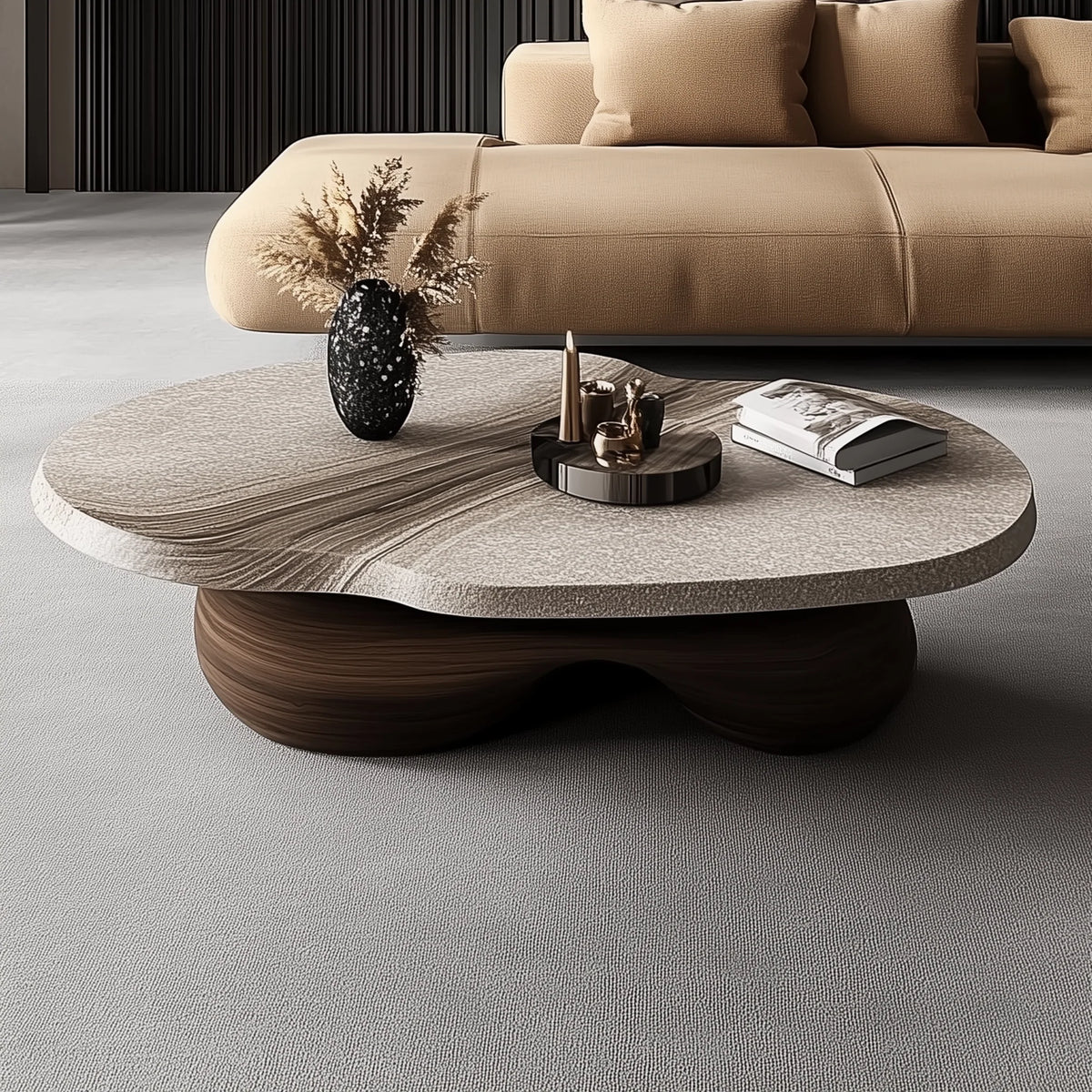 DUAL-TONED WOOD center table: free-form pale textured top crossed by a band of wood grain, on a dark wood double-lobed base, in a living room with a tan sofa