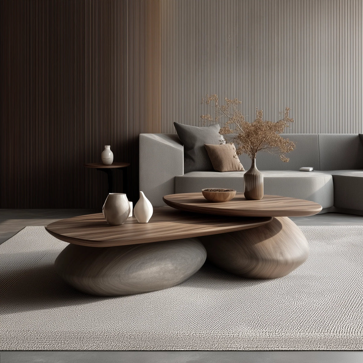 KIESEL & FELS center table: two overlapping walnut wood tops at different heights resting on large smooth pebble-shaped bases, one grey and one wood-grain, in a living room