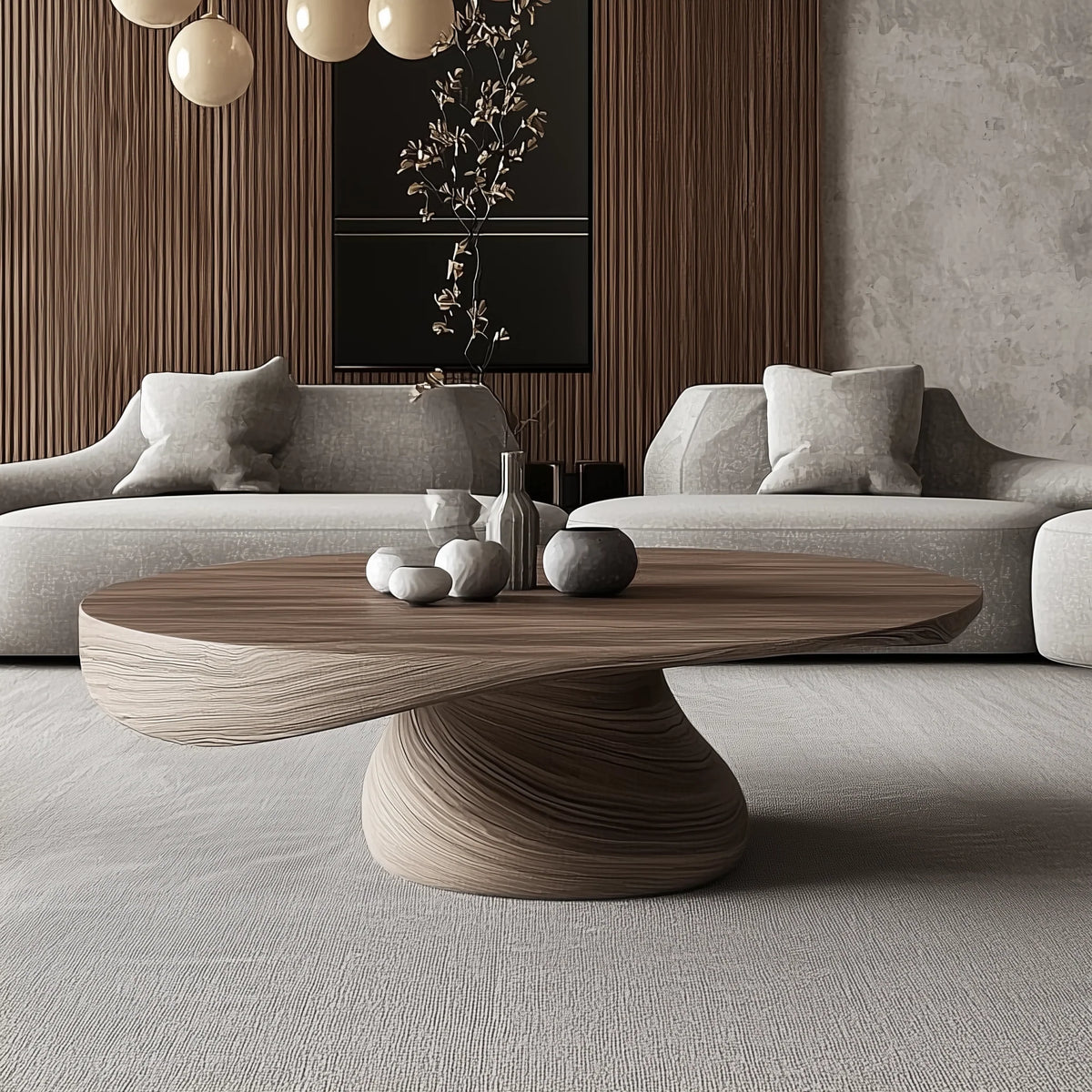 MONO-LITHA center table: an oval walnut-tone wood top on a single sculpted, swirling wood-grain base in a living room