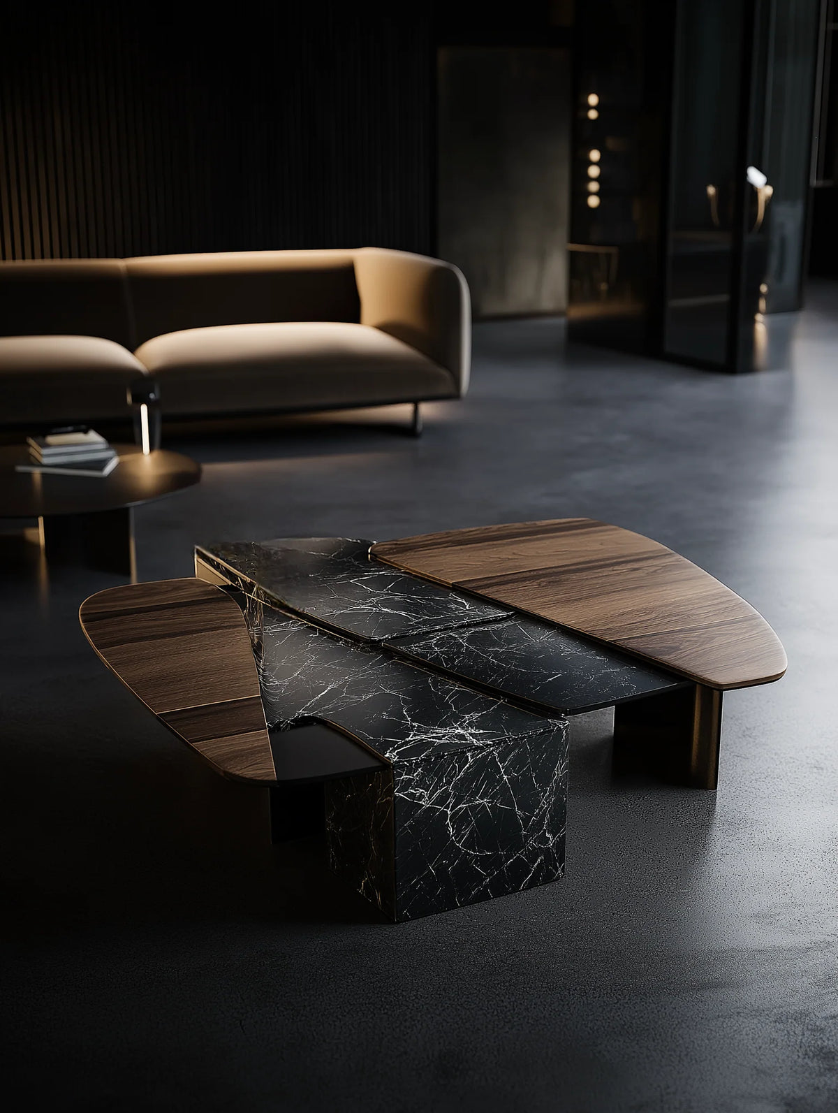 NATURAKRAFT center table: rounded wood tops layered around black white-veined marble slabs and a solid marble block, in a dark living room