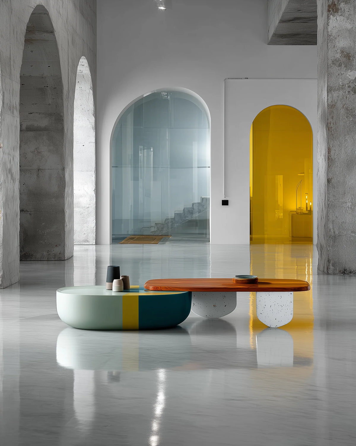 OLIVELLE center table: a rounded wood top on two white speckled legs, set over a low drum painted in sage, yellow and teal, in a bright gallery hall