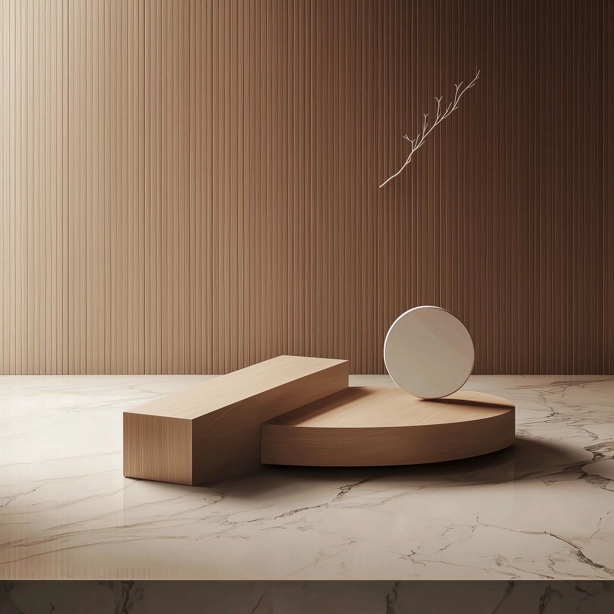 PRIME FORM center table: a long rectangular light oak block beside a lower half-round oak slab, with a cream disc standing on edge, on a marble floor