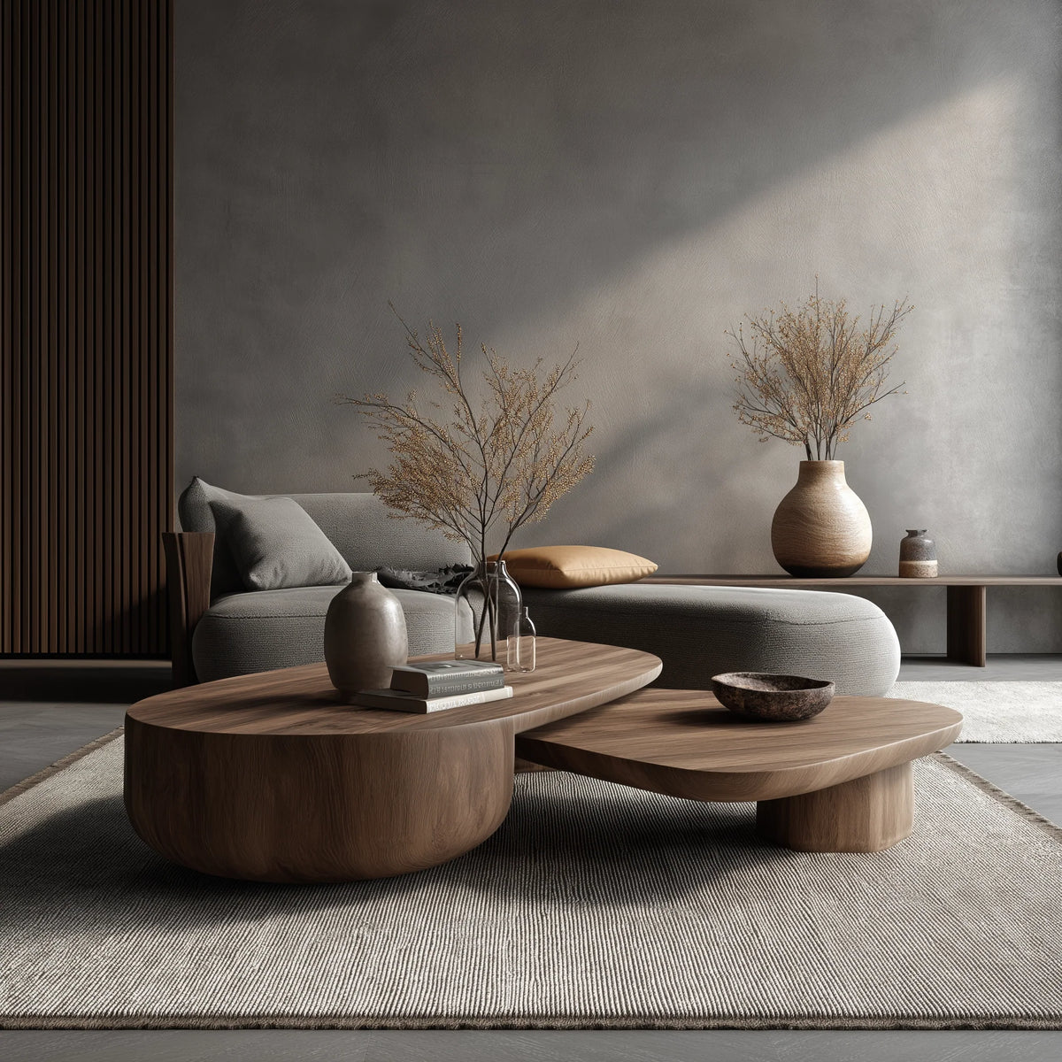 TIMBER FLOW center table: a deep walnut-tone pebble-shaped table with a lower one sliding beneath it, in a grey living room
