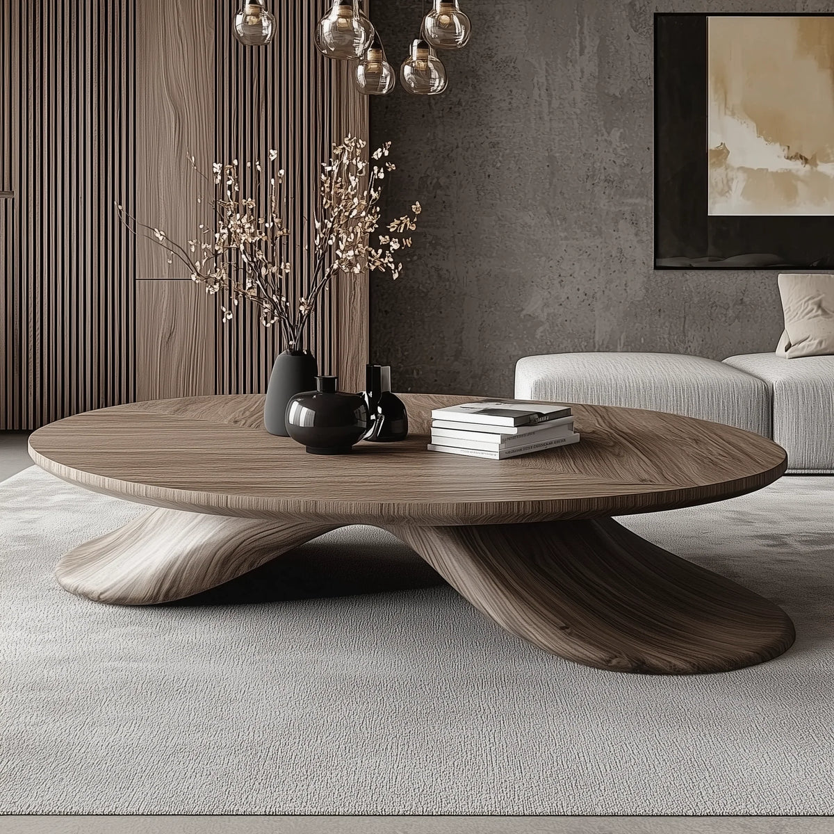 TWIN CURVE center table: wide oval walnut top on two sweeping curved wooden supports, in a living room with a grey sofa and fluted wood wall