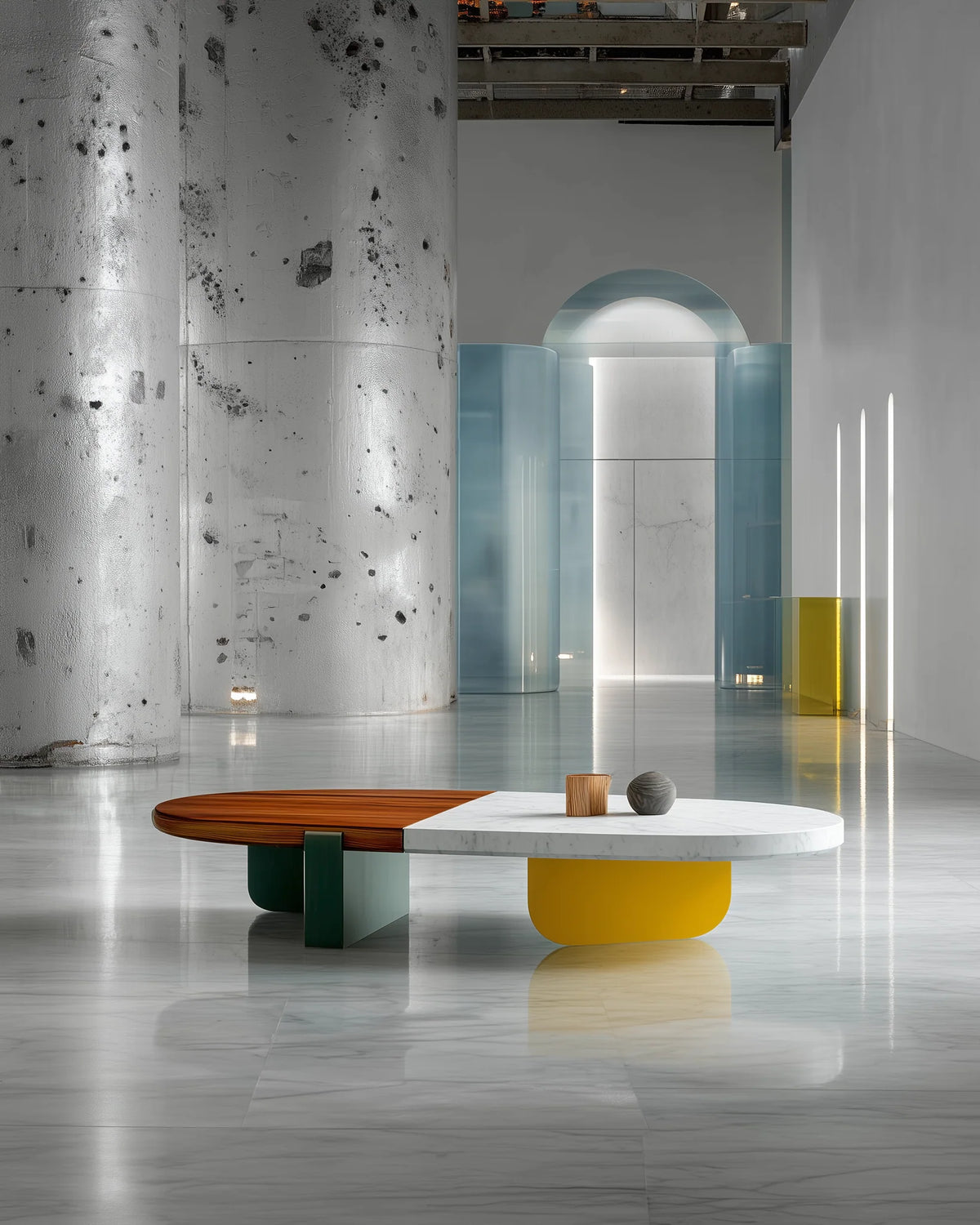 VERDELIS center table: a long round-ended top of wood and white Carrara marble on green and grey panel legs and a yellow rounded base, in a pale gallery hall